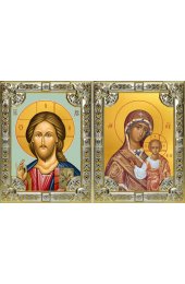 Икона Складень Спаситель Божья Матерь Казанская, серебро 18 х 24 со стразами, арт вк-5350-3110