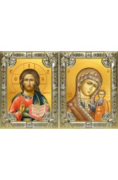 Икона Складень Спаситель Божья Матерь Казанская, серебро 18 х 24 со стразами, арт вк-5352-3103