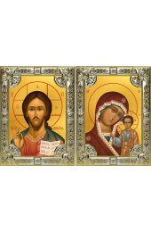 Икона Складень Спаситель Божья Матерь Казанская, серебро 18 х 24 со стразами, арт вк-5354-5063
