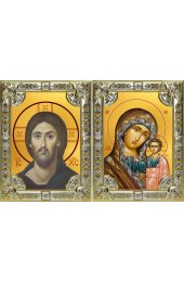 Икона Складень Спаситель Божья Матерь Казанская, серебро 18 х 24 со стразами, арт вк-5355-3128