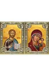 Венчальная пара икон Казанская и Господь Вседержитель, серебро 18 х 24 со стразами, арт вк-5356-3164