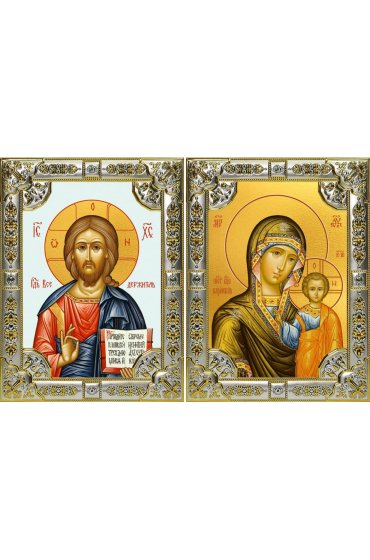 Икона Складень Спаситель Божья Матерь Казанская, серебро 18 х 24 со стразами, арт вк-5359-5061