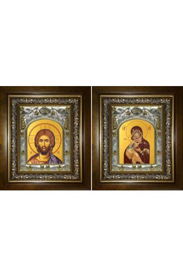 Икона Складень Спаситель Божья Матерь Владимирская, 14x18 см, в деревянном киоте 20х24 см, арт вк-5379-2727