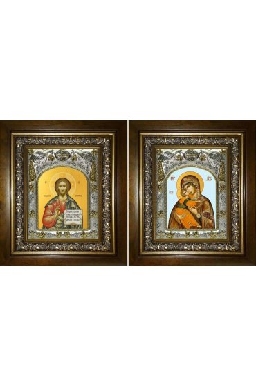 Икона Складень Спаситель Божья Матерь Владимирская, 14x18 см, в деревянном киоте 20х24 см, арт вк-5382-2755