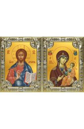 Икона Складень Спаситель Божья Матерь Иверская, серебро 18 х 24 со стразами, арт вк-5660-3134