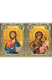 Икона Складень Спаситель Божья Матерь Иверская, серебро 18 х 24 со стразами, арт вк-5661-3150