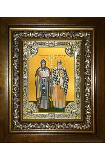 Икона Кирилл и Мефодий равноапостольные, 18x24 см, со стразами, в деревянном киоте, арт вк-5729