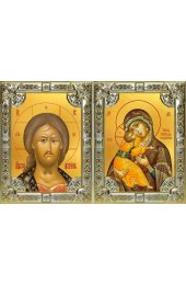 Икона Складень Спаситель Божья Матерь Владимирская, серебро 18 х 24 со стразами, арт вк-5735-2819