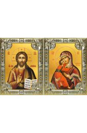 Икона Складень Спаситель Божья Матерь Владимирская, серебро 18 х 24 со стразами, арт вк-5736-2829