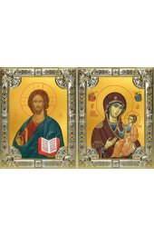 Икона Складень Спаситель Божья Матерь Иверская, серебро 18 х 24 со стразами, арт вк-5737-3134