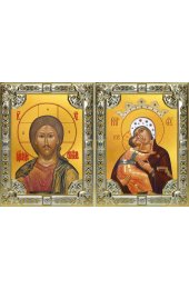 Икона Складень Спаситель Божья Матерь Владимирская, серебро 18 х 24 со стразами, арт вк-5738-2840