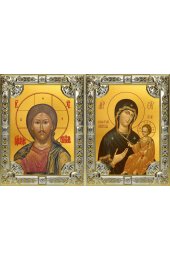 Икона Складень Спаситель Божья Матерь Иверская, серебро 18 х 24 со стразами, арт вк-5738-3142
