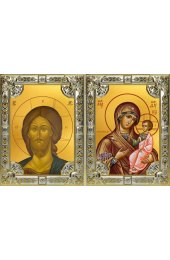 Икона Складень Спаситель Божья Матерь Иверская, серебро 18 х 24 со стразами, арт вк-5739-3150