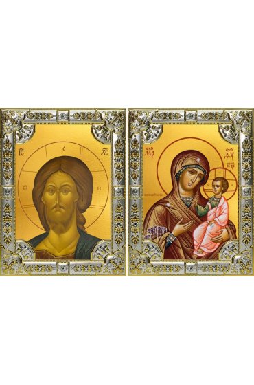 Икона Складень Спаситель Божья Матерь Иверская, серебро 18 х 24 со стразами, арт вк-5739-3150