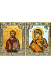 Икона Складень Спаситель Божья Матерь Владимирская, серебро 18 х 24 со стразами, арт вк-5740-2827
