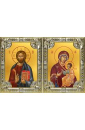 Икона Складень Спаситель Божья Матерь Иверская, серебро 18 х 24 со стразами, арт вк-5740-3156