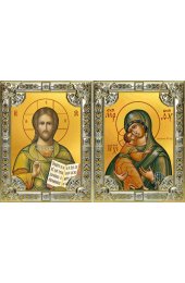 Икона Складень Спаситель Божья Матерь Владимирская, серебро 18 х 24 со стразами, арт вк-5741-2849