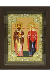 Икона Киприан и Устинья 24x30 см в серебряном окладе со стразами в деревянном киоте, арт вк-893