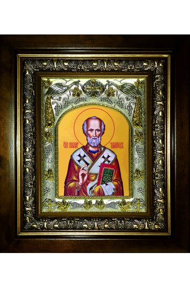 Икона Николай Чудотворец 20x24 см в серебряном окладе в киоте, арт вк-905