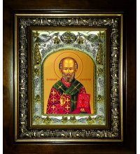 Икона Николай Чудотворец 20x24 см в серебряном окладе в киоте, арт вк-906