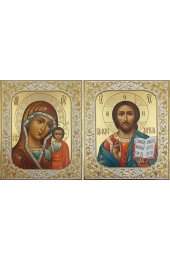 Венчальная пара Спаситель и Казанская Божья Матерь 18 на 22 см рукописная в окладе, арт ИРГ-607
