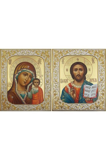 Венчальная пара Спаситель и Казанская Божья Матерь 18 на 22 см рукописная в окладе, арт ИРГ-607