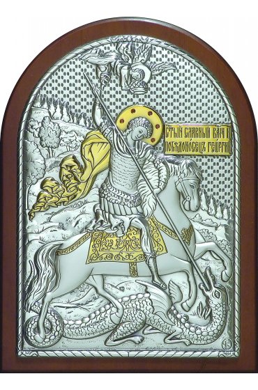 Икона Георгий Победоносец, 14,5*20 см, серебряная с золотом и гранатами, арт ГЛБ-098
