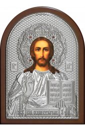 Икона Спаситель 20*14,5 см серебряная с гранатами арт ГЛБ-100