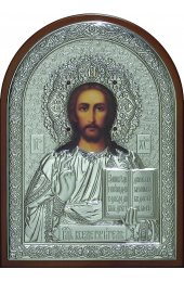 Икона Спаситель 34*25 см серебряная с гранатами арт ГЛБ-110